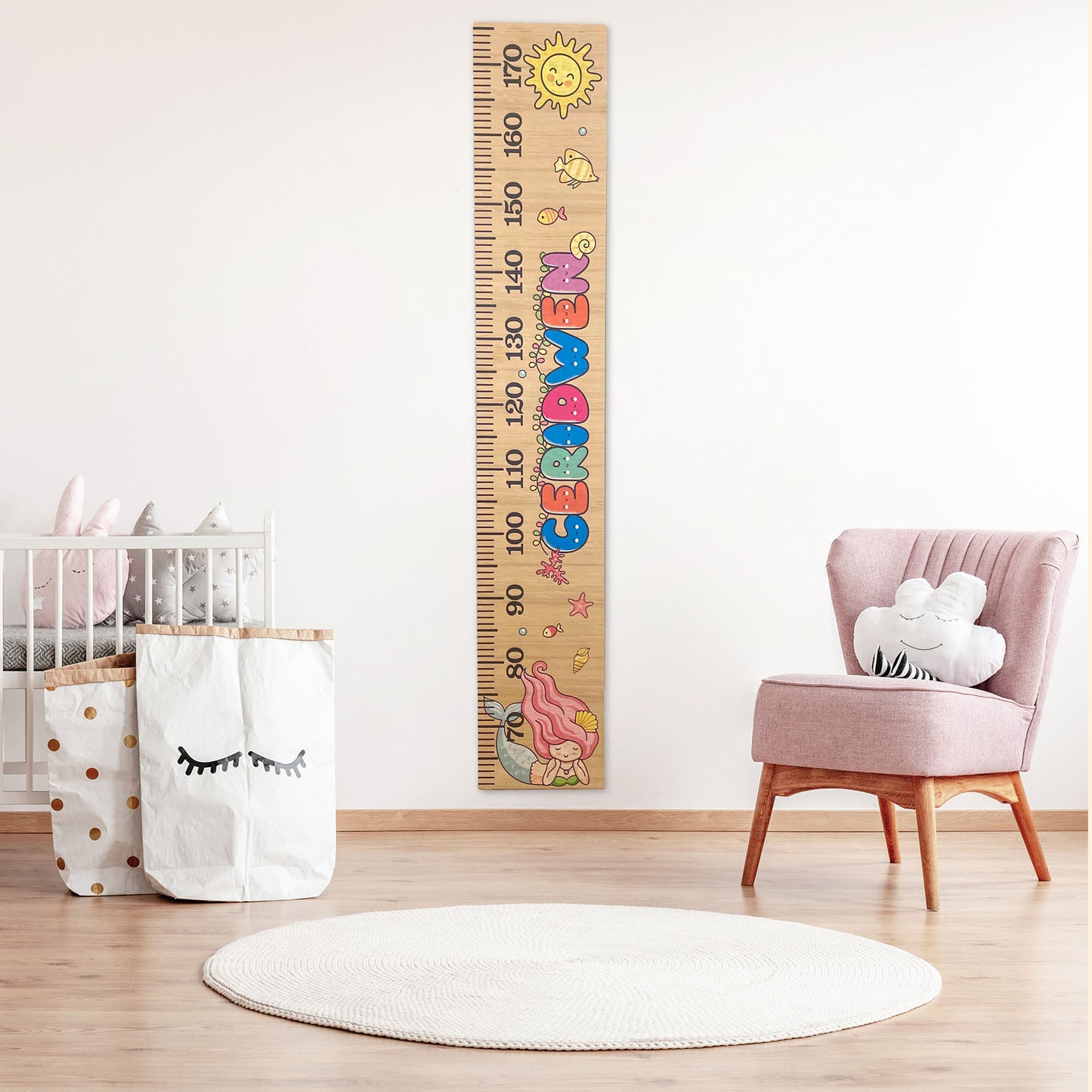 Bright scandinavian baby room with rocking horse, white nursery